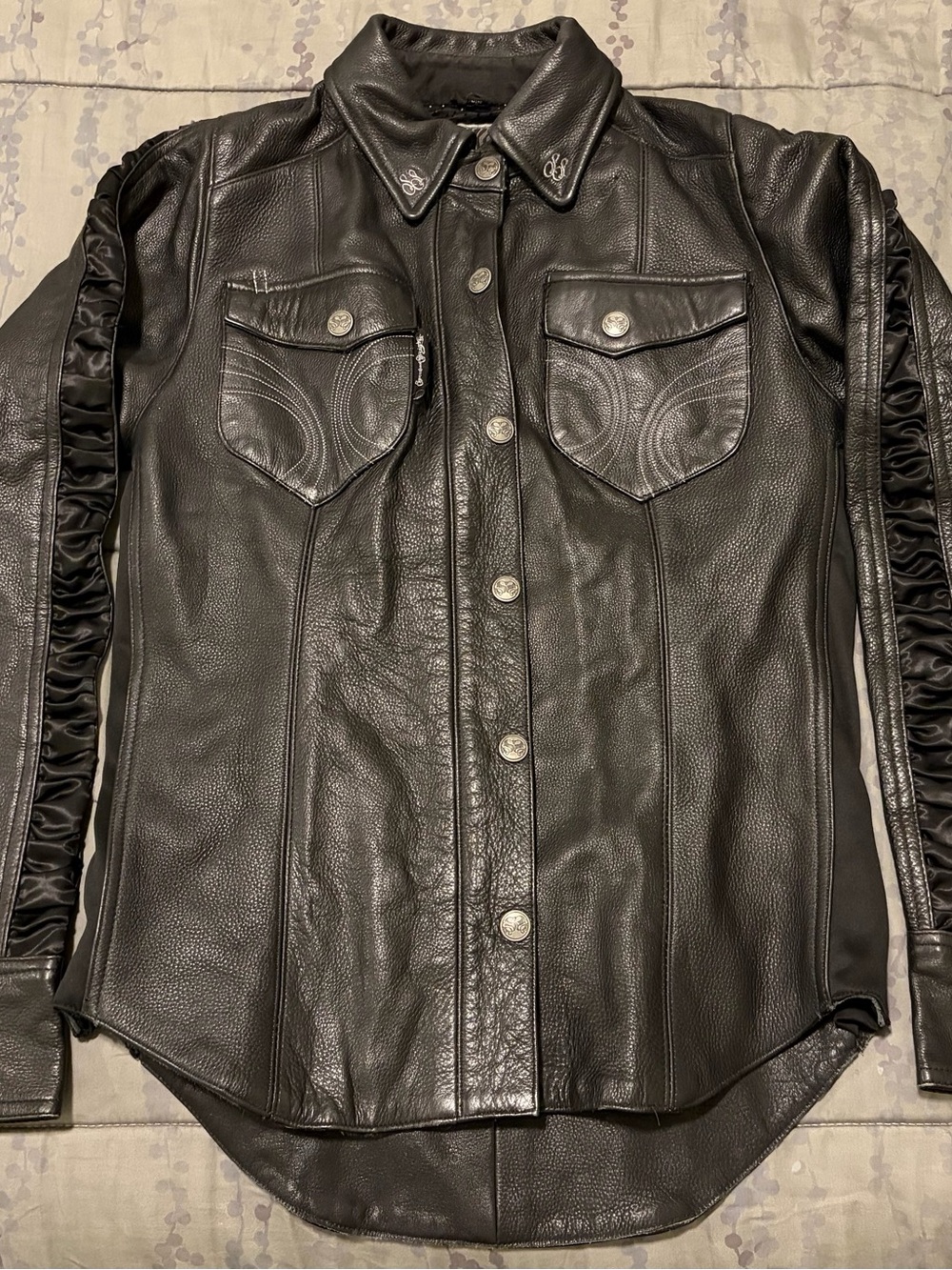 Blackheart Black Leather Button-Front Women's Jacket with Chest Flap Pockets
